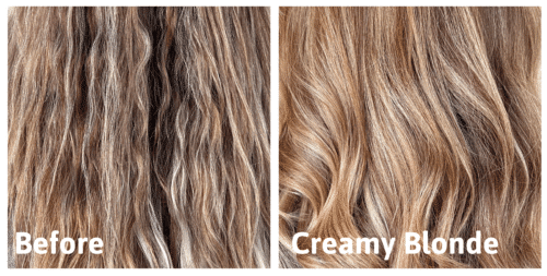 a before and after on blonde hair using creamy blonde shampoo