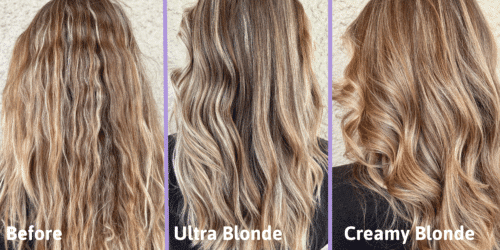 Side-by-side comparison of the same model using the Ultra Blonde and Creamy Blonde Shampoos.