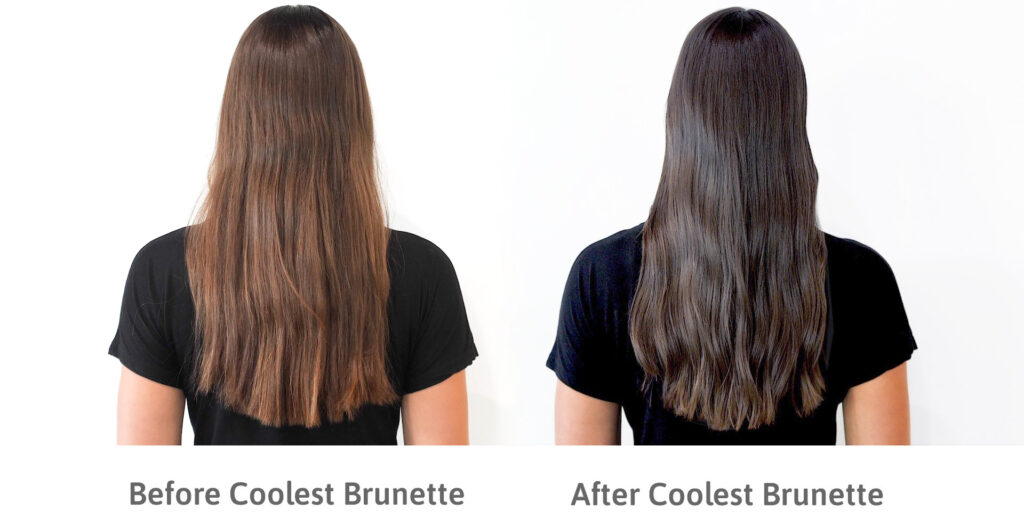 Before and after of model using Coolest Brunette. The image on the left is before and hair is very warm and frizzy. Photo on the right looks darker and true brown.
