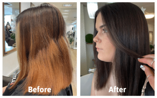 Before and after using Coolest brunette to counteract strong copper shades