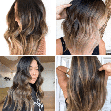 collage of 4 brunette balayage photos