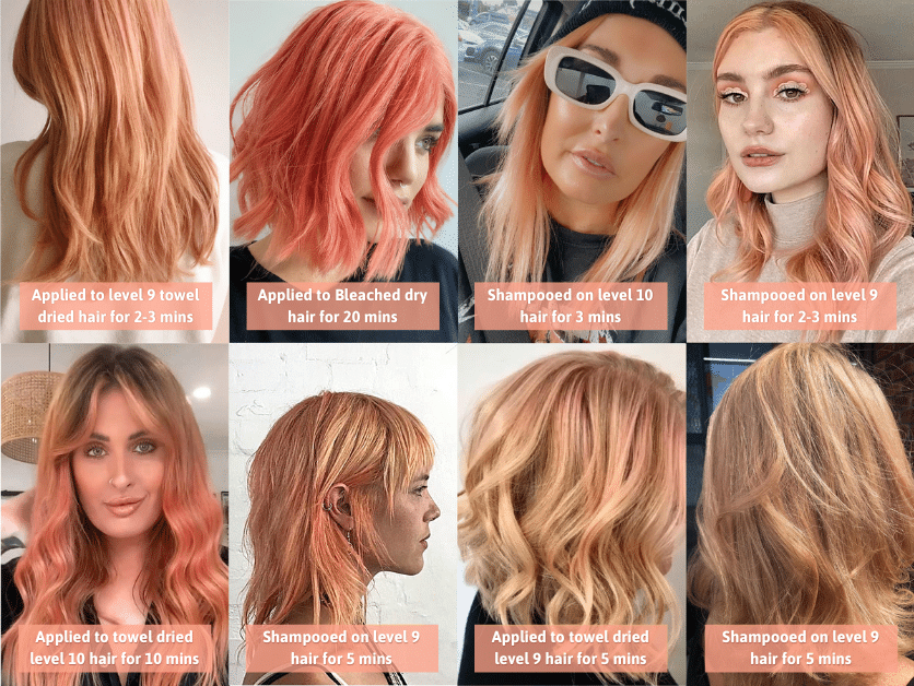 collage of results of using just peachy shampoo. 