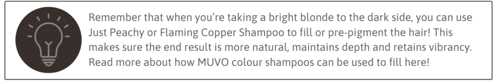 TOP TIP: Remember that when you’re taking a bright blonde to the dark side, you can use Just Peachy or Flaming Copper shampoos to fill or prepigment the hair! This makes sure the end result is more natural, maintains depth and retains vibrancy. Read more about how MVUO can be used to fill hair here!