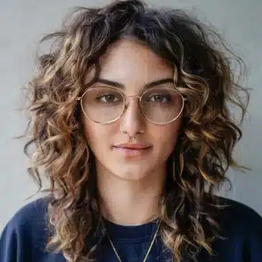 Girl with curly hair and glasses